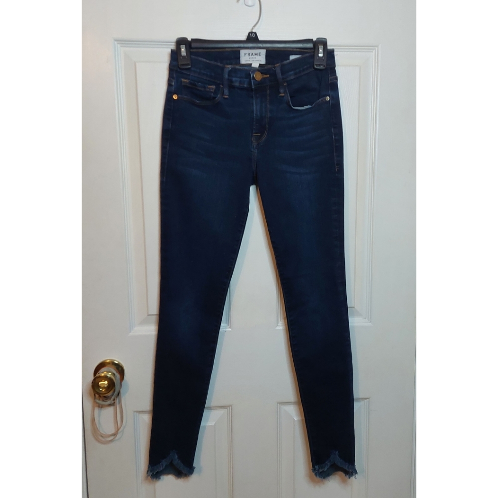 Frame Denim Le Skinny De Jeanne Dark Wash Raw Fringe Hem Skinny Jeans Size 25